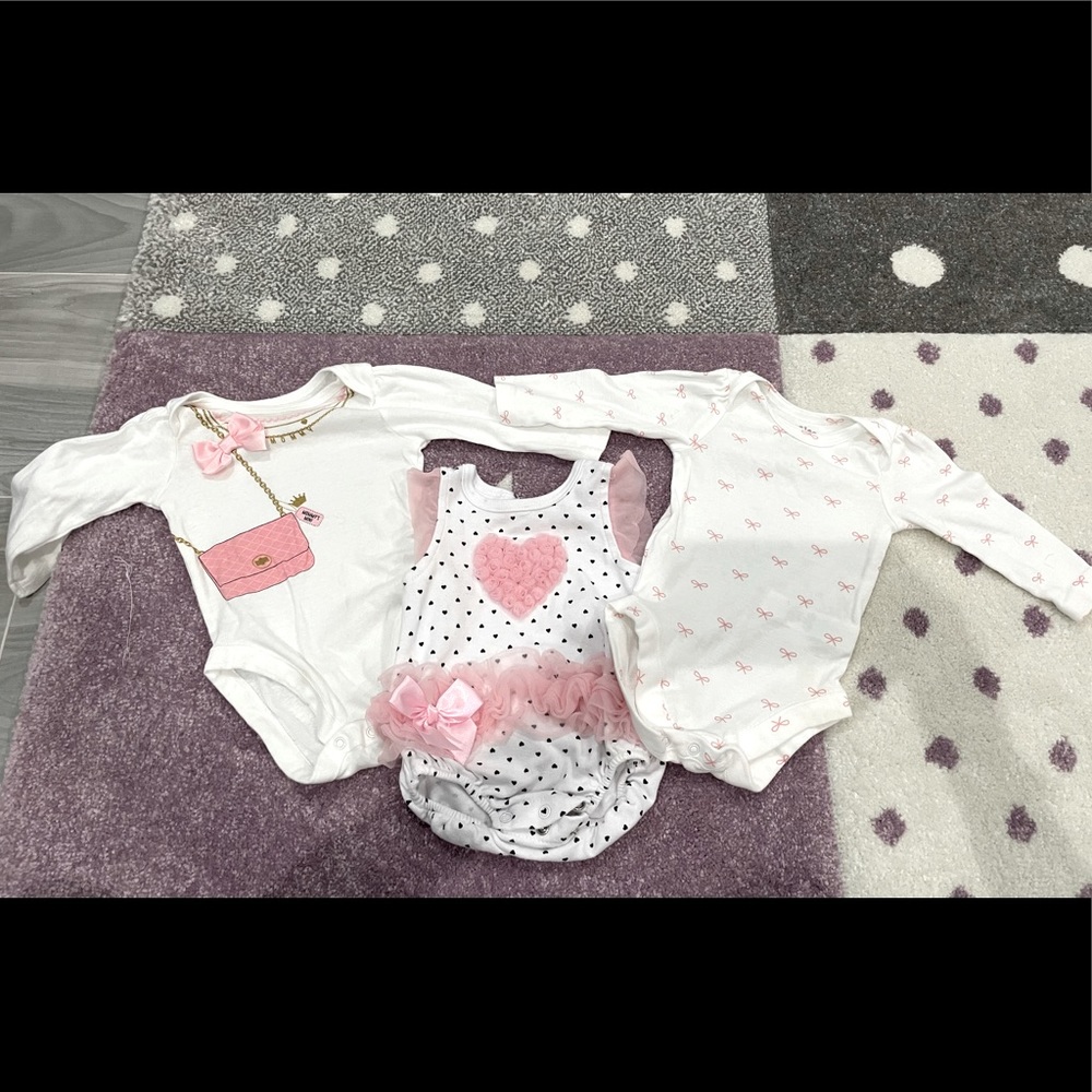 Baby girl 0-3 month pink bow onesie tutu 3 piece set
